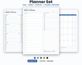 Op de afbeelding: Een Circuit Grid planner-set met dagelijkse, wekelijkse en maandelijkse sjablonen. De witte pagina's hebben een subtiel rasterpatroon, zwarte tekst en blauwe accenten. De tekst luidt Circuit Grid Planner Set, Daily, Weekly, Monthly, Fillable + Printable.