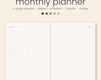 Op de afbeelding: Een maandplanner met een spread over twee pagina's met een raster voor juli. De tekst luidt monthly planner, 2-page spread, dated + undated, 2 styles, 4 sizes en july. Vijf kleine gekleurde cirkels in zwart, roest, perzik, goud en salie staan eronder.