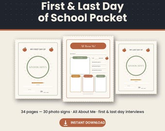 Op de afbeelding: Een digitaal pakket met printbare borden en interviewbladen met een schoolthema. De tekst luidt Preschool Through 12th First & Last Day of School Packet, All About Me, My First Day Of, My Last Day Of, Kindergarten en Instant Download.