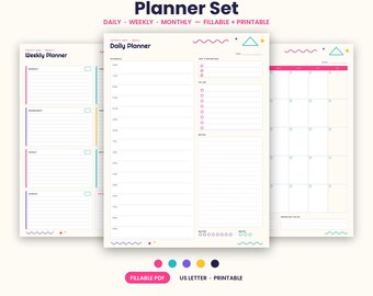 Op de afbeelding: Een planner-set getiteld Totally Rad Planner Set met dagelijkse, wekelijkse en maandelijkse sjablonen. De pagina's zijn gebroken wit met donkerblauwe tekst en roze, turquoise en gele accenten, inclusief schema's en takenlijsten.
