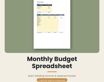 Op de afbeelding: Een maandelijks budgetspreadsheet-sjabloon met een witte achtergrond en een lichtgele tabel. Het document bevat secties voor inkomsten en uitgaven met kolommen voor categorie, gebudgetteerde bedragen, werkelijke uitgaven en het berekende verschil.