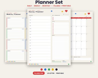 Op de afbeelding: Een Pixel Quest planner set met wekelijkse, dagelijkse en maandelijkse plannerpagina's. De pagina's zijn gebroken wit met gepixelde tekst en iconen in rood, blauw, groen en geel. De dagplanner bevat een schema, prioriteiten, een takenlijst en notities. De set is invulbaar en printbaar.