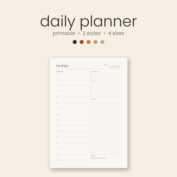 Daily Planner Printable, Minimalist Day Organizer PDF, Hourly Schedule To Do List Notes, A4 A5 Letter Half Letter, Boho & Minimal, Undated