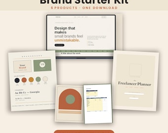 Op de afbeelding: Een digitale merkstarterkit met een websitemock-up met de tekst Design that makes small brands feel unmistakable, een merkboard-sjabloon, een freelancerplanner en een grafische print in een neutraal kleurenpalet.