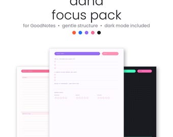 Op de afbeelding: Een digitale planner set getiteld adhd focus pack voor GoodNotes met zachte structuur en inclusief donkere modus. De afbeelding toont drie planner pagina lay-outs met witte en zwarte achtergronden en roze, paarse en turquoise accentbalken.