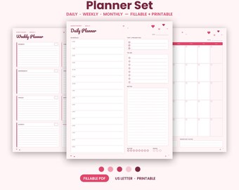 Op de afbeelding: Een Sweetheart planner set met dagelijkse, wekelijkse en maandelijkse indelingen op lichtroze papier met donkerroze tekst en hartjesaccenten. De pagina's bevatten secties voor schema's, to-do lijsten, prioriteiten, notities en water-trackers.