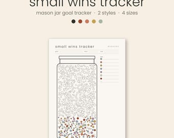 Op de afbeelding: Een printbaar blad voor het bijhouden van kleine overwinningen met een afbeelding van een weckpot vol cirkels. De koptekst luidt small wins tracker, met velden voor doel, start- en einddatum. Een kleurgecodeerde sleutel staat rechts.