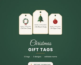 Bewerkbare kerstcadeaulabels, printbare familienaamlabels voor de feestdagen, 3 ontwerpen (digitale download)