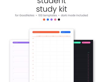 Op de afbeelding: Een digitale studentenstudiekit voor GoodNotes met 100 sjablonen inclusief donkere modus. De weergave toont drie plannerpagina's: een wit weekschema met oranje en blauwe accenten, een witte takenlijst en een zwarte takenlijstpagina.