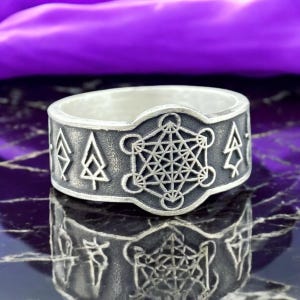 Sterling Silver Seal of Solomon Ring – Sacred Geometry Ring with Runes and Metatron’s Cube by cousinjewellry