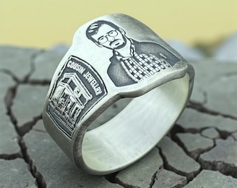 Custom Silver Portrait Ring with Engraved Photo and Text, Personalized Family Gift, Unique Handmade Jewelry by CousinJewellry