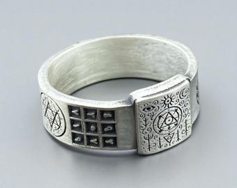 Occult Magic Ring with Talismanic Symbols – Handmade Sterling Silver Ring Featuring Alchemy, Astrology, and Protection Sigils