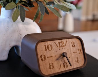 Dark Brown Mid-Century Clock – Retro Style Desk Clock with Walnut Detail