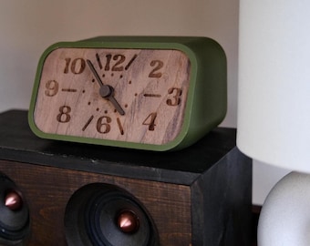 Olive Green Retro Clock – Mid-Century Modern Home Decor with Walnut Wood