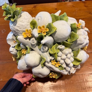 Vintage Capodimonte Italian table centerpiece made in Italy Large scale magnificent work hand made fruits, flowers and woven basket 1950s