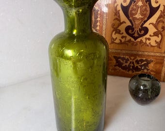Vintage green mercury glass vase featuring a distinctive flared rim and a textured, bubbly inner wall technique