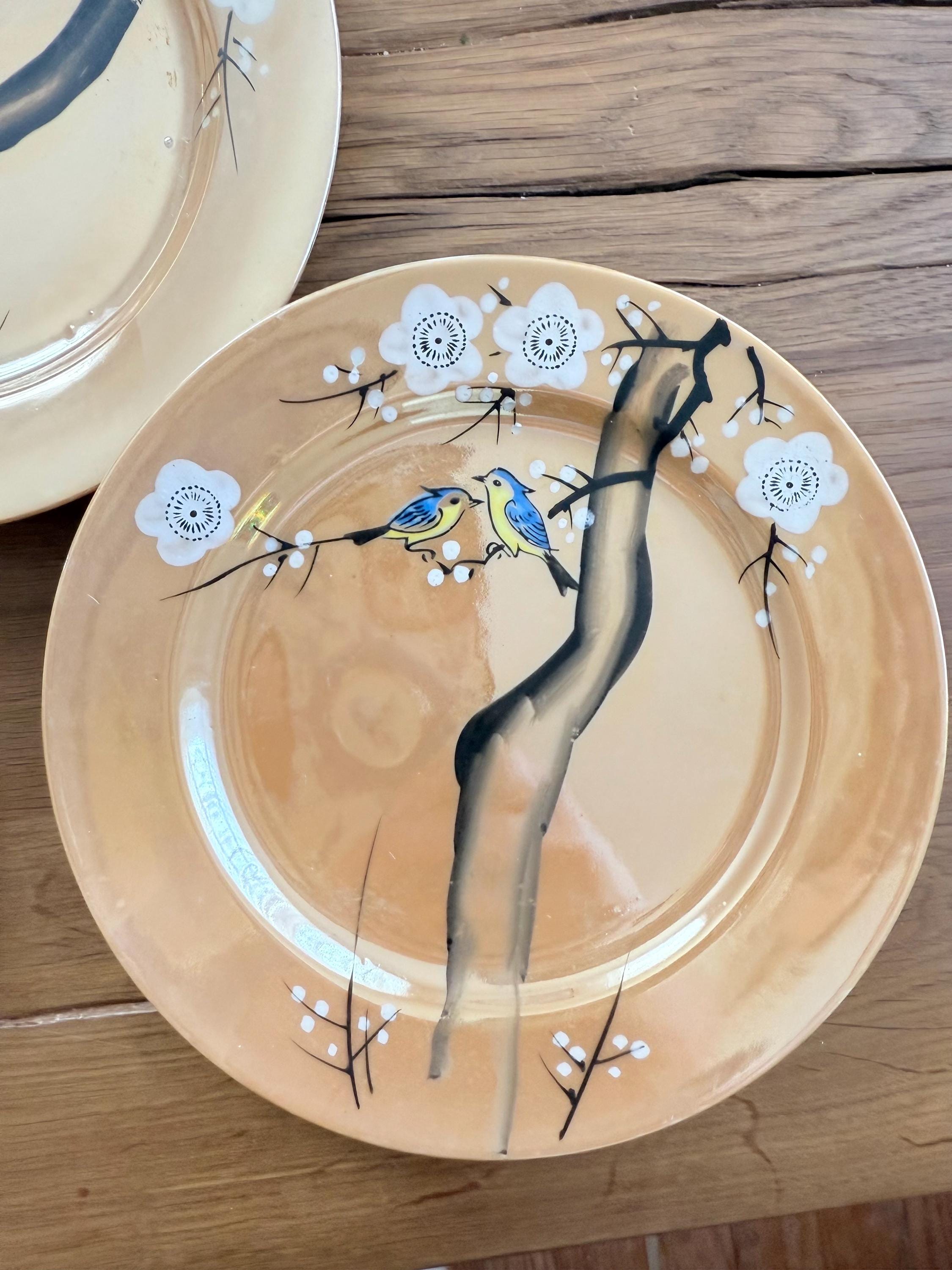 Vintage Japanese Lusterware Peach Hand Painted Bluebird Cherry
