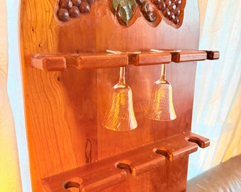 Vintage wall-mounted wine glass storage rack hand-carved bar shelf cherry wood carved grapes hand-painted for eight stemmed wine glasses