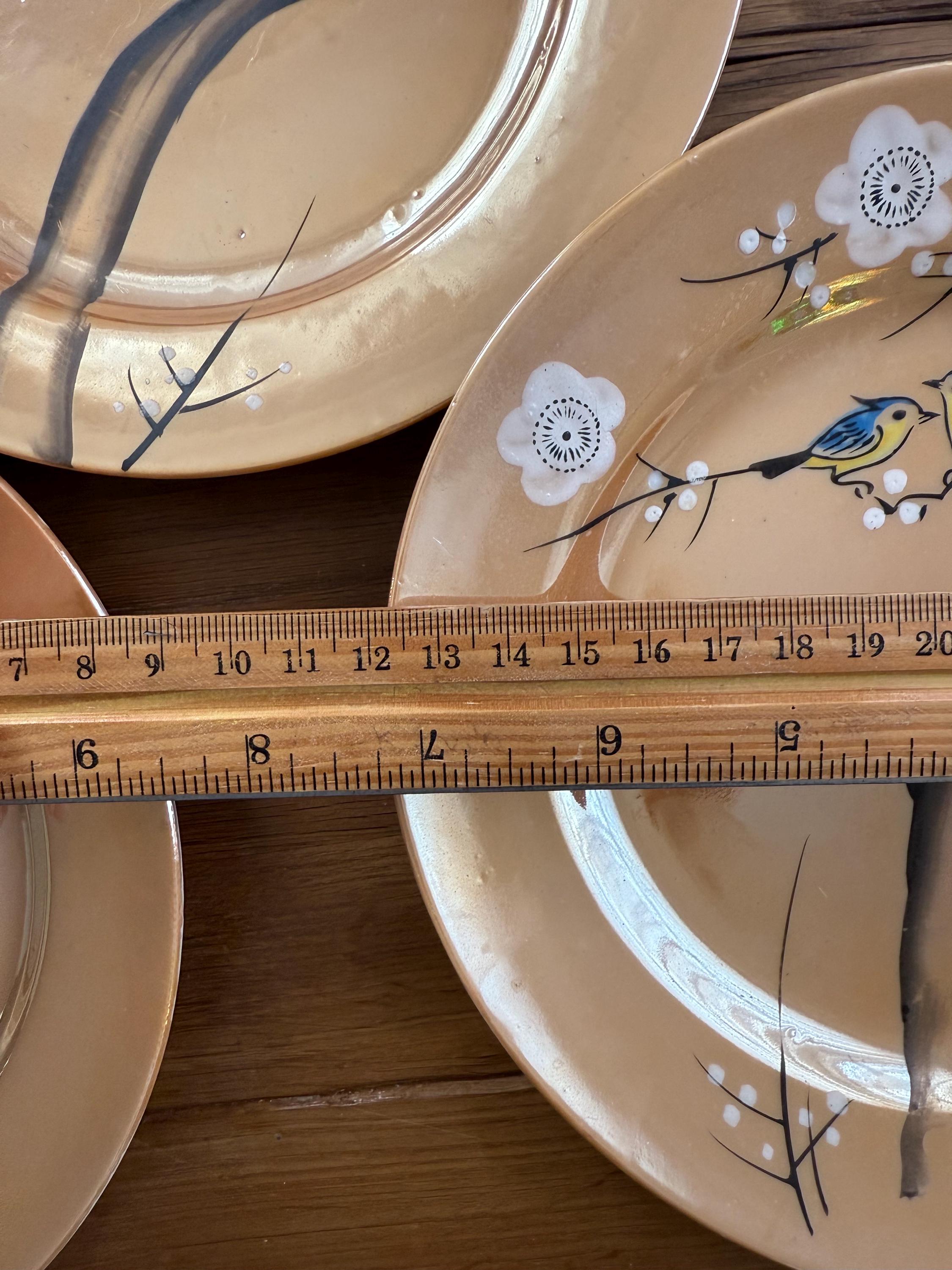 木彫り　花と孔雀　アプリコットプレート Vintage Japanese Lusterware Peach Hand Painted Bluebird Cherry