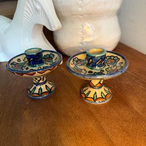 Hand-Painted Jerusalem Stoneware Candle Holders - Signed Studio Pottery Set