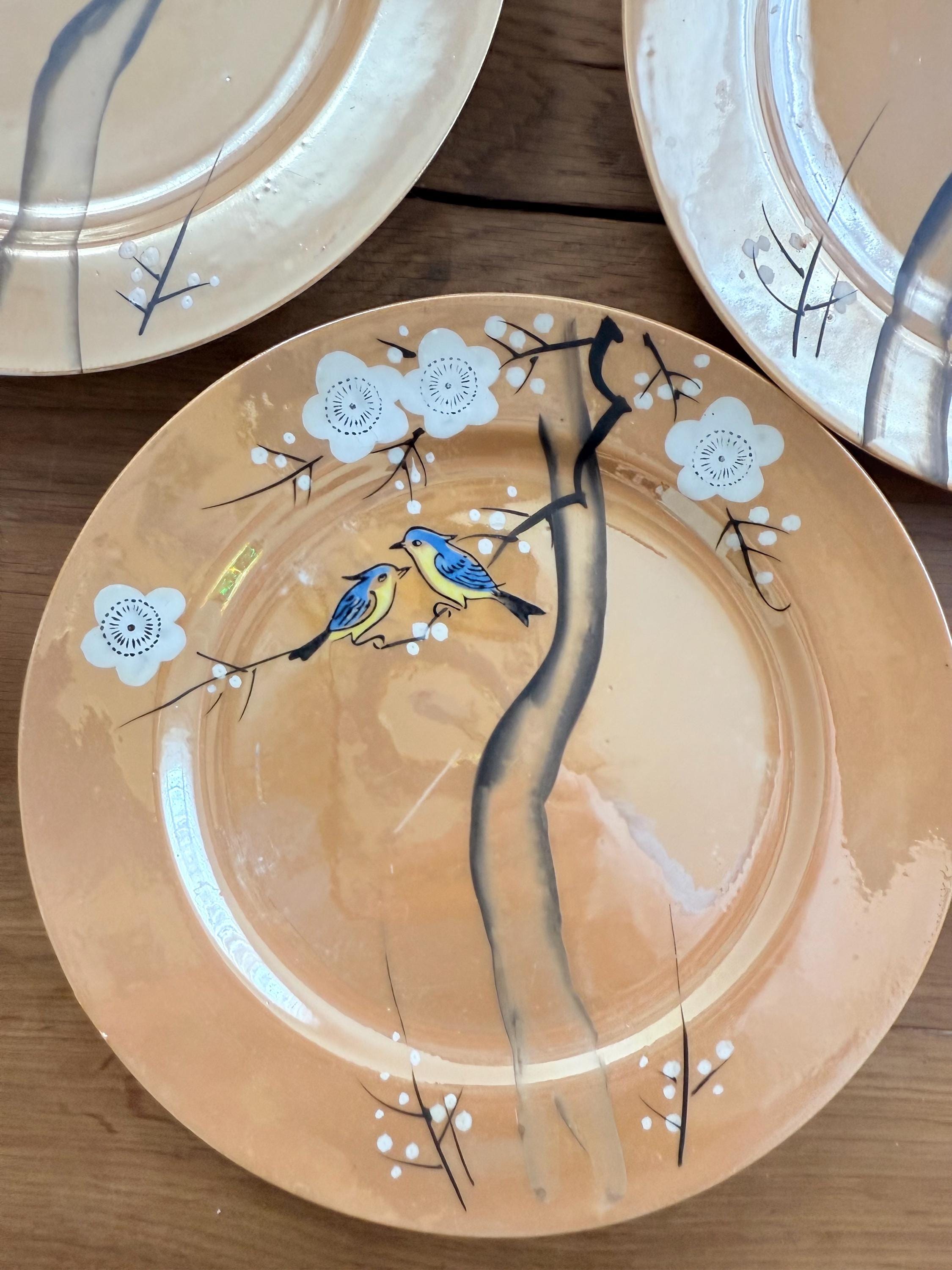 Vintage Japanese Lusterware Peach Hand Painted Bluebird Cherry
