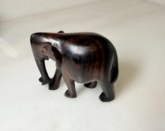 Ebony elephant, hand carved wood elephant sculpture figurine solid beautiful dark ebony wood vintage art, handmade Africa housewarming gift