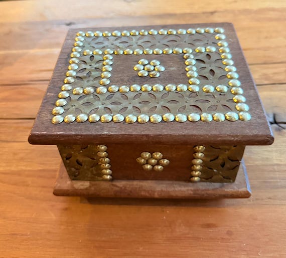Tramp Art Zanzibar Style Wooden Box With Brass Stud Tack and
