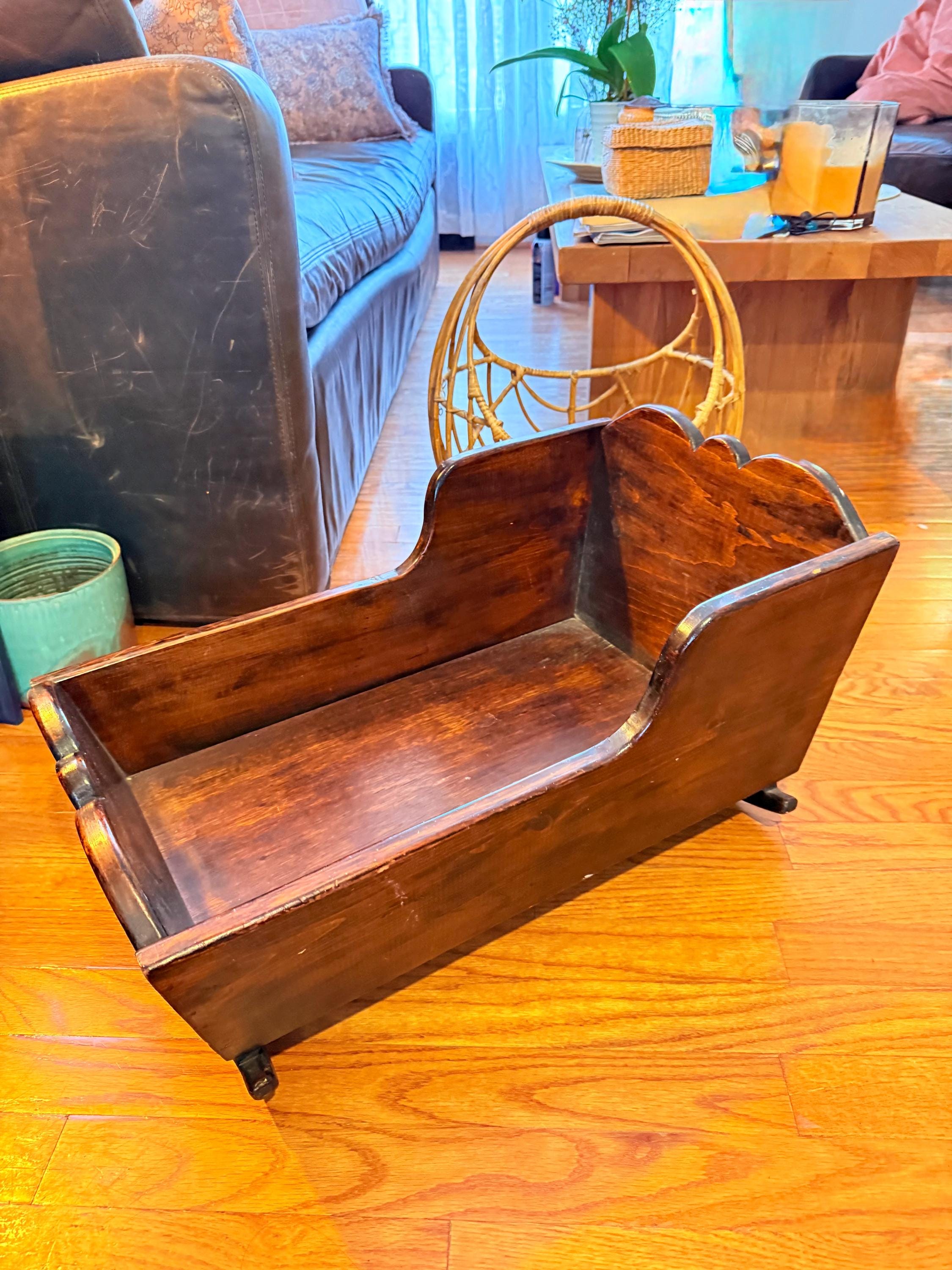 Vintage Walnut Rocking Cradle, Handmade Doll Bed, Magazine Storage, Philadelphia 1970s