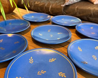 Art Deco Swedish pottery plates Nittsjö Keramik cobalt blue set of seven plates gold leaf design 7 inch plates