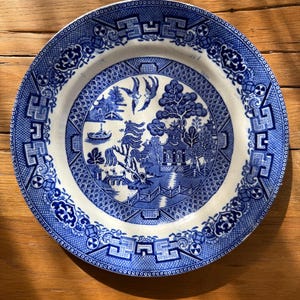 May include: A round ceramic plate with a blue and white Willow pattern. The plate has a central landscape scene with a bridge, trees, and birds, framed by a decorative border. It is displayed on a wooden surface.