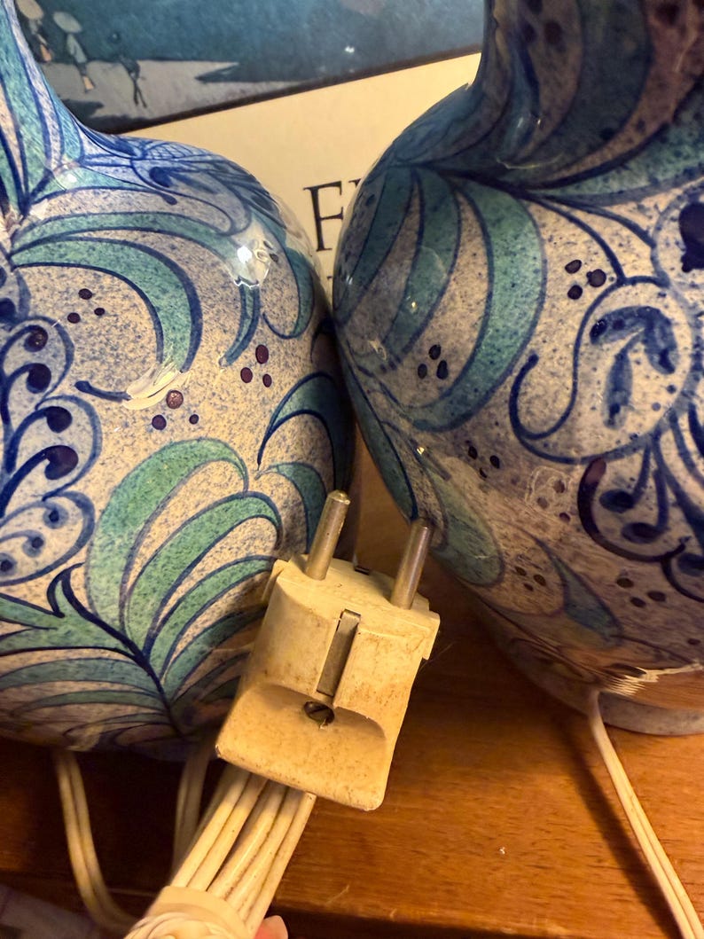 Fajalauza Granada Spain hand painted Andalusian pottery lamp pair vintage mid 20th century handmade ceramic lamps Lebrillo pomegranates image 4