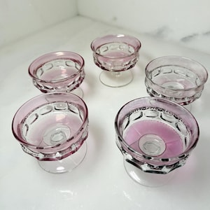 Può includere: Cinque coppette da dessert vintage in vetro trasparente con bordo e base rosa. Le ciotole hanno un motivo decorativo attorno al bordo e poggiano su un gambo corto. I piatti sono disposti su una superficie bianca.