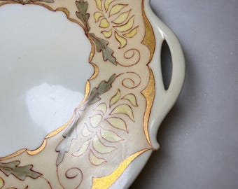Art Nouveau antique porcelain vanity tray or serving platter hand-painted floral motif yellow, green, gold gilding flowers plate