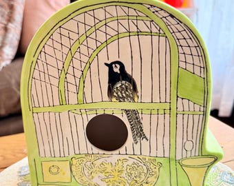 Vintage Molly Hatch Ceramic Birdhouse Trompe L'oeil" style for Anthropologie apple green color scheme Spring decoration