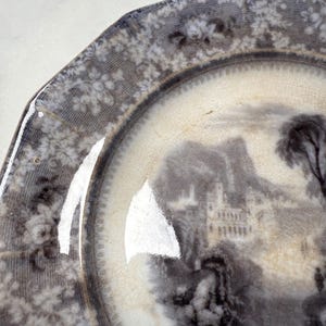 Antique Ironstone Castle Plate black mulberry transferware 1840 South Wales Pottery "Milan" Welsh chinoiserie wall plate Georgian gift