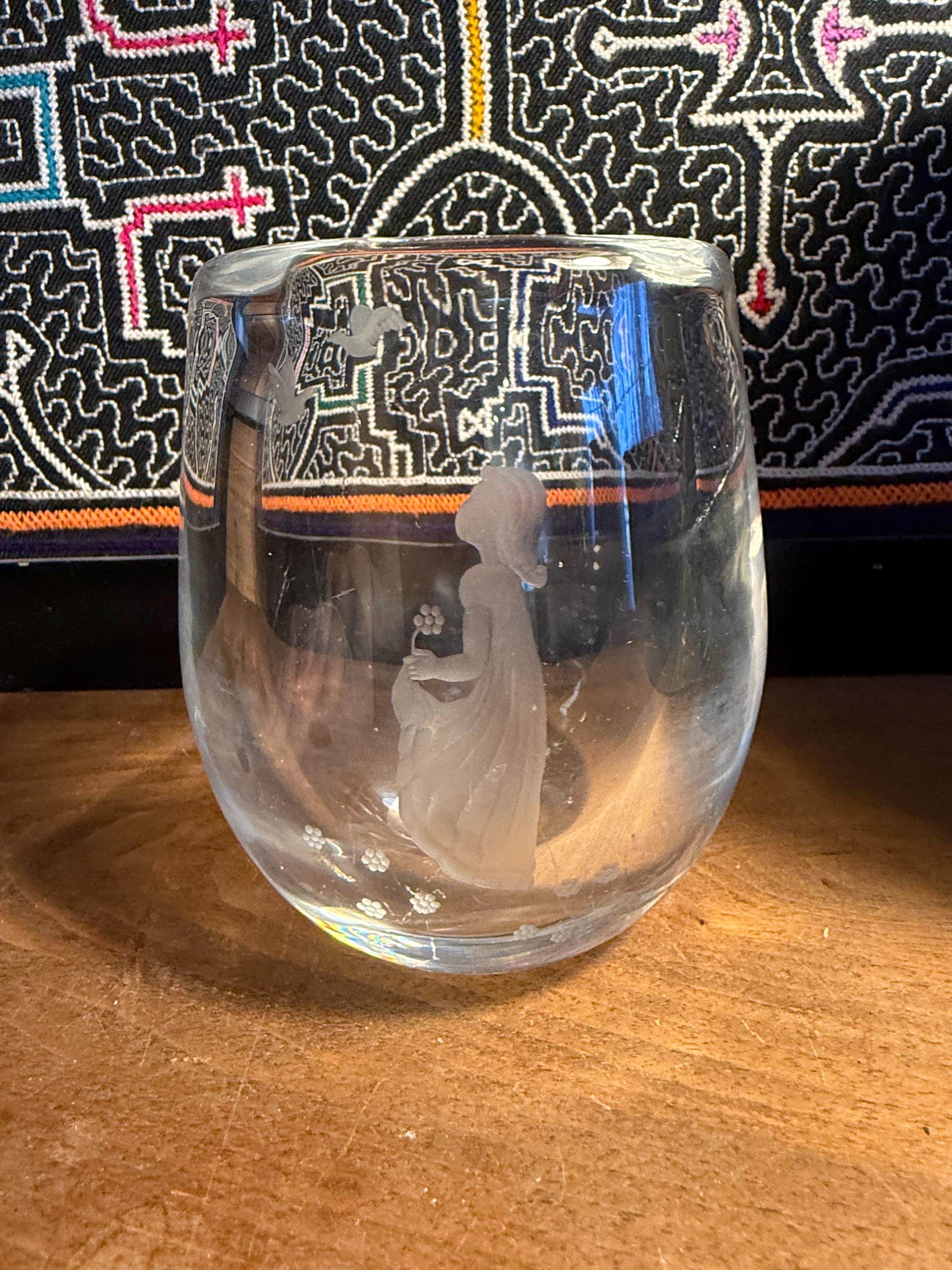 Orrefors Crystal Vase, Girl and Birds Etching, Sven Palmqvist