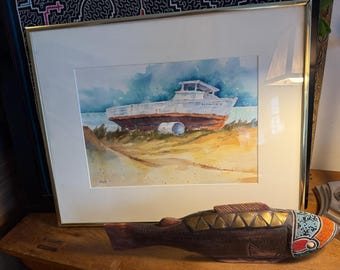 Original Art Vintage Nautical Watercolor Painting Framed Seascape Boat by Martin Sullivan Maritime gift