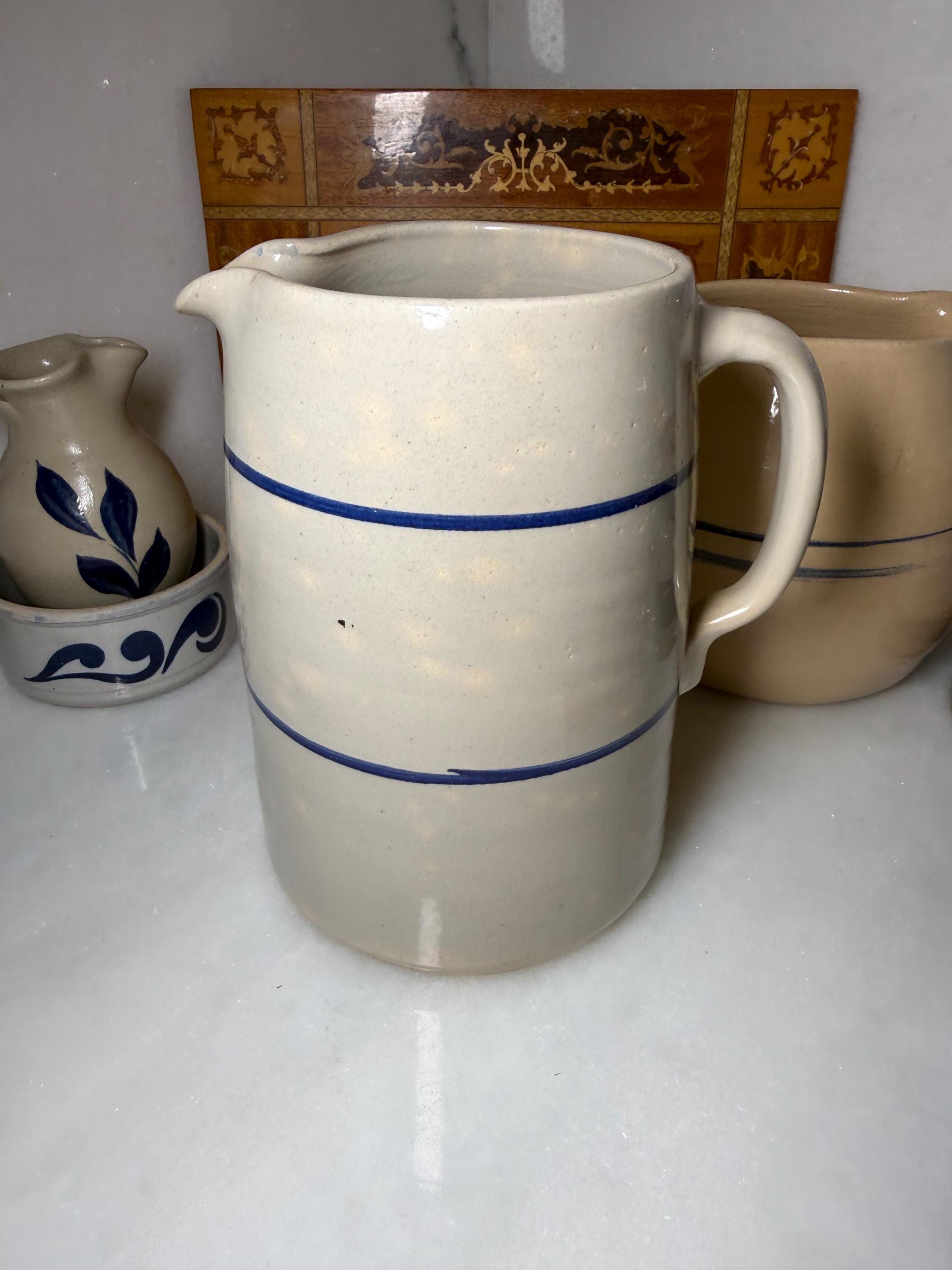 Antique Salt Glaze Pottery Milk Pitcher Beige W Cobalt Blue