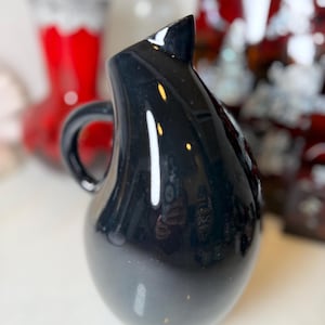 May include: A glossy black ceramic pitcher with a smooth, rounded, teardrop-shaped body and a curved handle. The pitcher features a pointed spout at the top, creating a distinct silhouette. The surface is reflective, showing light highlights.