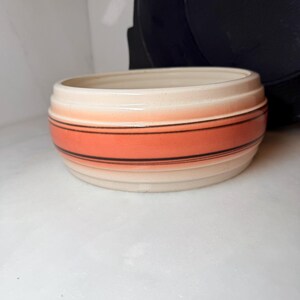 Vintage Flying Eagle pottery planter bowl retro, multi-colored banded stripes  salmon pink, white, and black 1980s USA art gardening gift