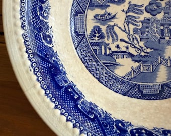 Willow pattern antique large bowl pie plate 1880s signed Petrus Regout & Co Maastricht Holland ceramic with back stamp mark Sphinx