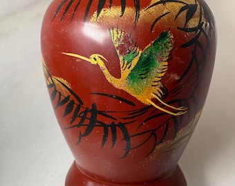 Vintage Japanese lacquerware vase wood matte oxblood red lacquer with hand-painted crane and bamboo motif Art Deco or mid-20th century Japan