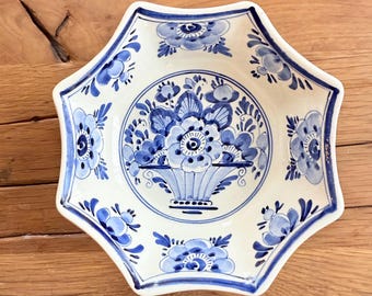 Vintage Delft bowl painted by hand in authentic Delft blue hues signed on the bottom, Netherlands housewarming gift