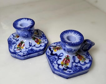 Ensemble de bougeoirs vintage en poterie portugaise, cadeau de pendaison de crémaillère de décoration florale portugaise peinte à la main