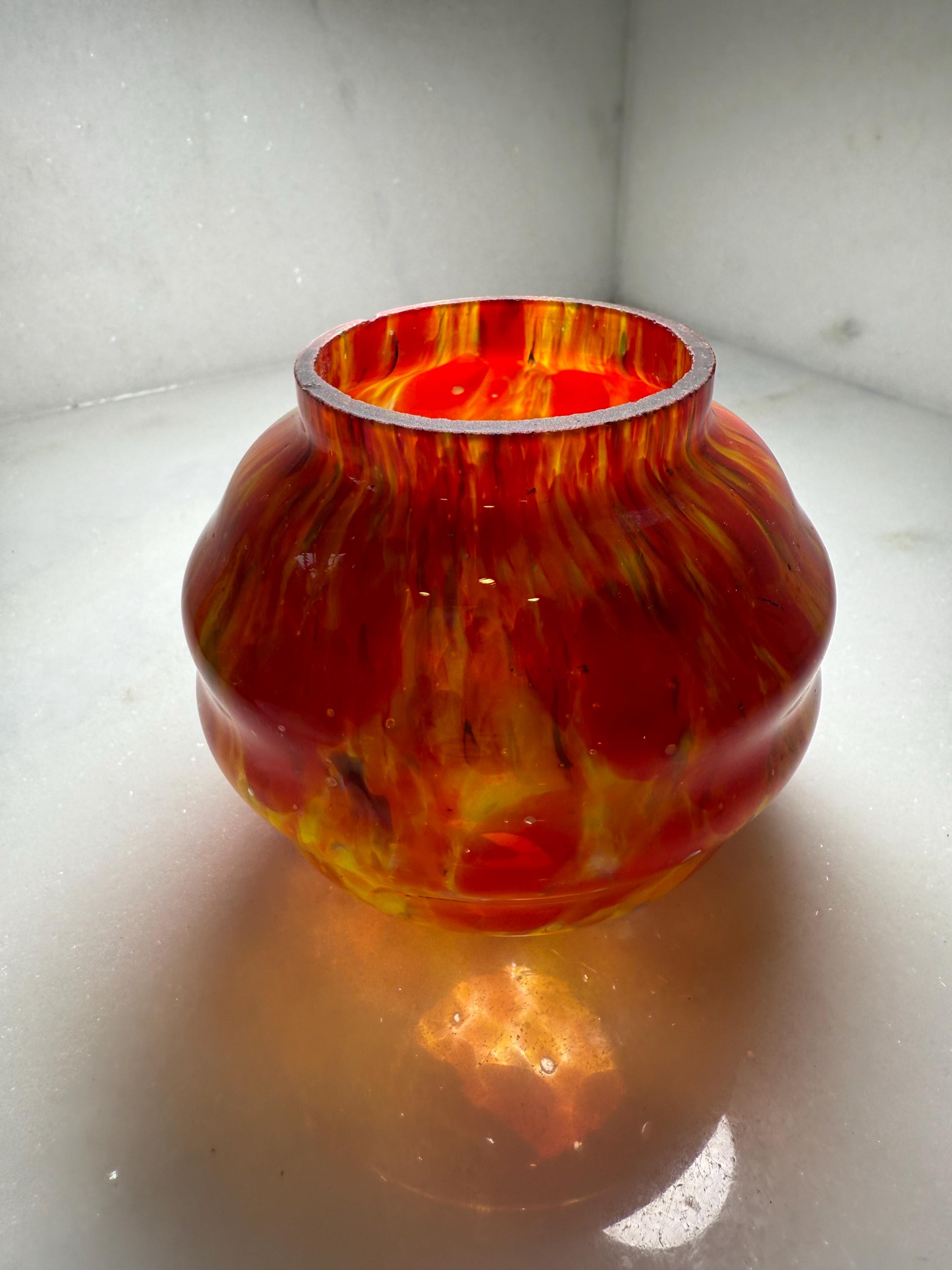 Art Deco Vase Bohemian Glass Czechoslovakia Splatter Glass Bowl Handmade 1930s Orange Yellow Red Studio Glass Living Room Decor Gift Mom