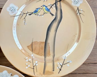 Vintage Japanese Lusterware Peach Hand Painted Bluebird Cherry