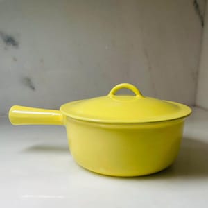 French Mid Century Modern Yellow Descoware Cast Iron Enamel Pot Cookware Lidded France Bruxelles Ware Belgium Wedding Gift MCM 1950s
