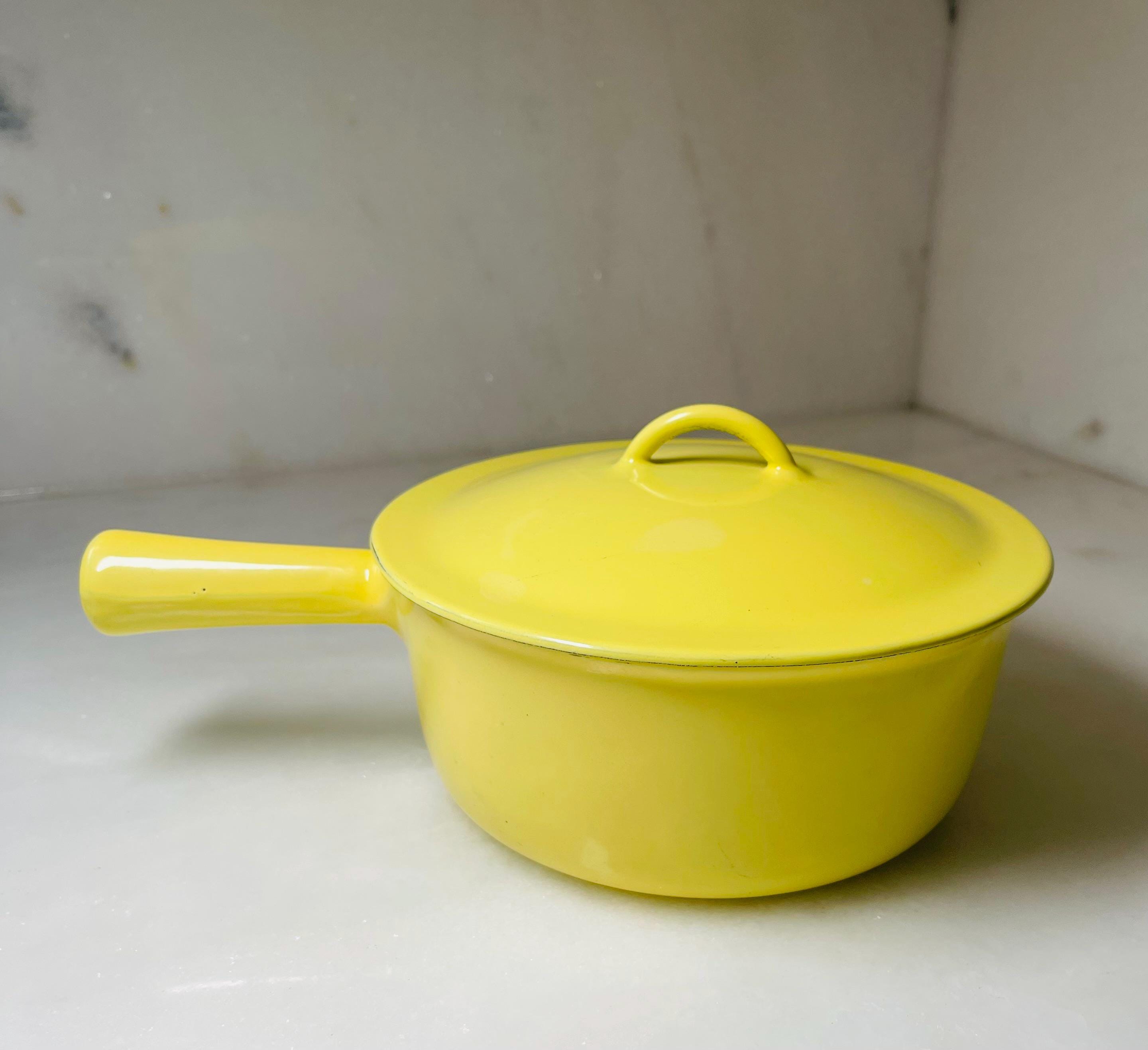 French Mid Century Modern Yellow Descoware Cast Iron Enamel Pot