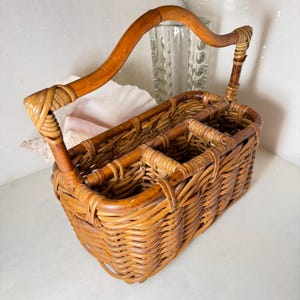 Vintage boho woven wicker bamboo flatware caddy, organize utensils, napkins, or condiment bottles for picnics patio dining bentwood handle