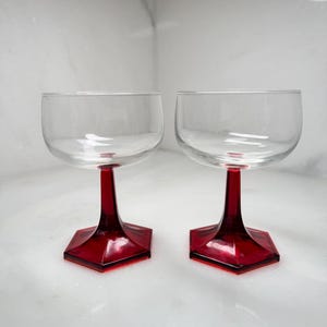 Set of 2 French Mid-Century Modern Coupe Glasses, Ruby Red Hexagonal Stem